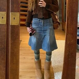 Y2K Esprit A-Line Midi Pleated Denim Skirt M | Vintage 90s 2000s Grunge Skirt